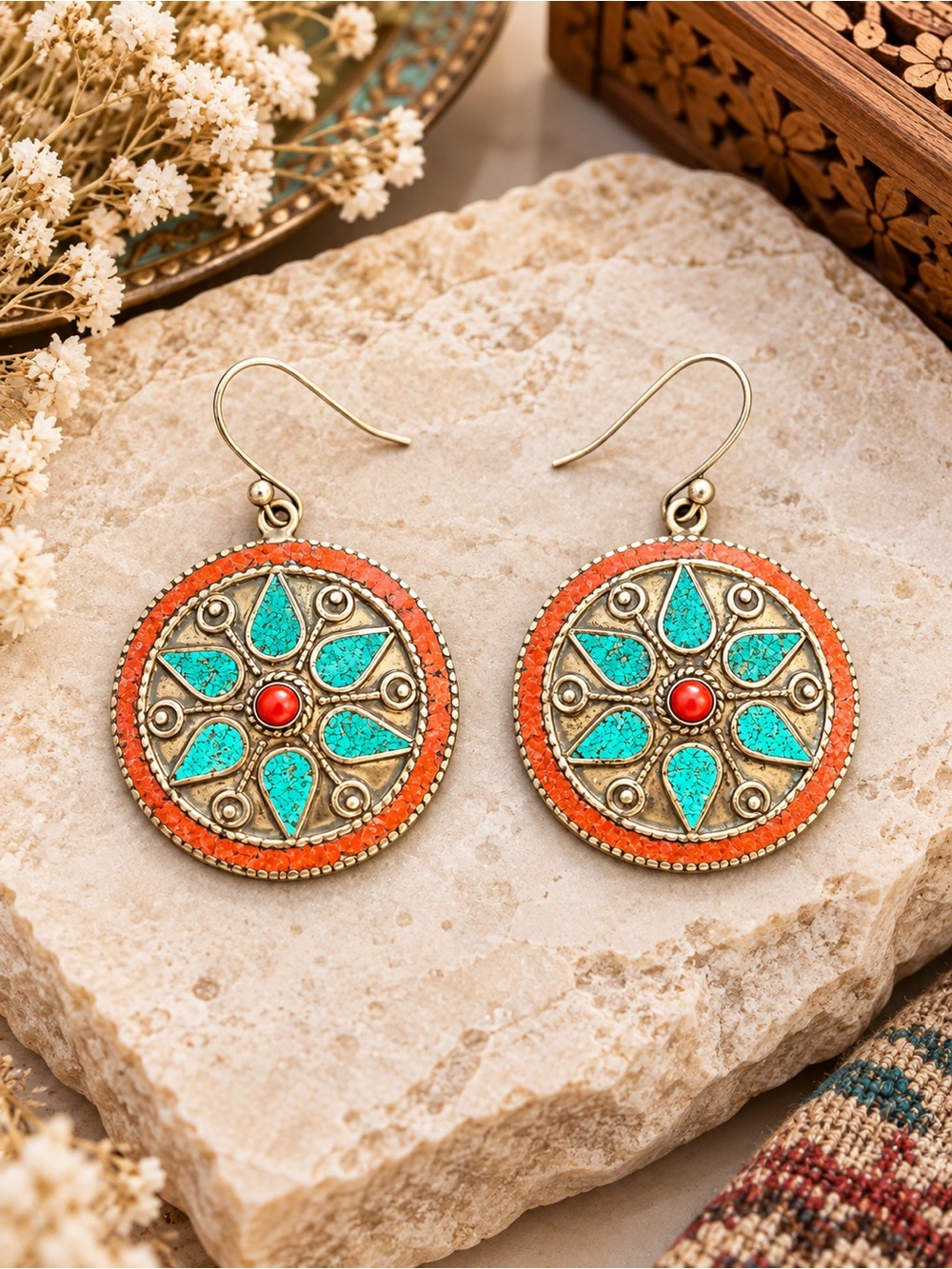 Turquoise & Coral Boho Round Dangle Earrings